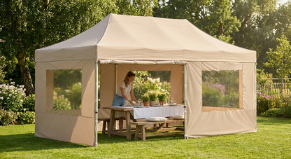 Large pop-up gazebo in latte with aluminium frame for outdoor events