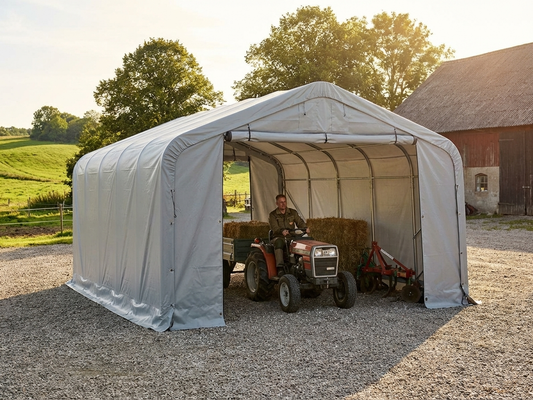 Grey 6x6 storage shelter with durable PVC and steel frame