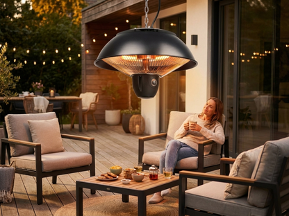 Halogen patio heater in black steel for outdoor use