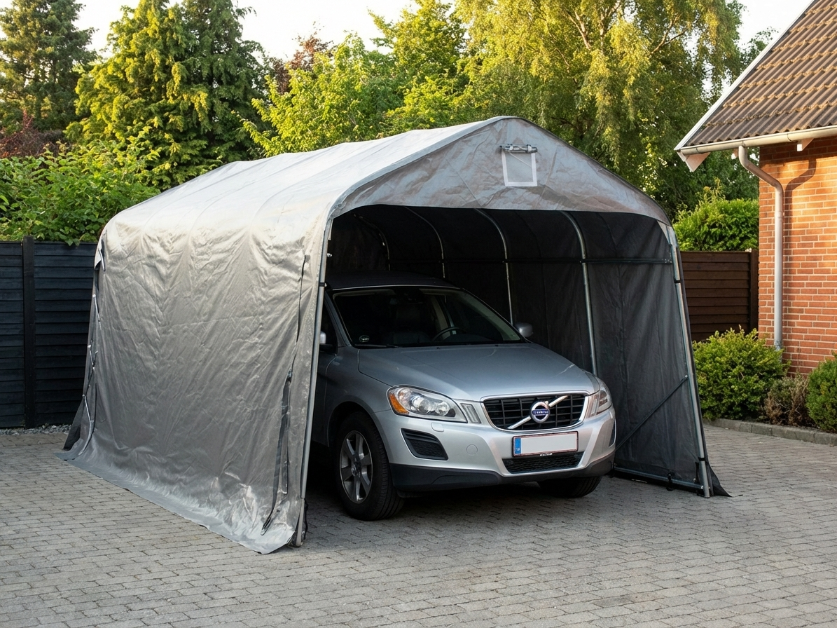 Portable grey garage made of PE and steel