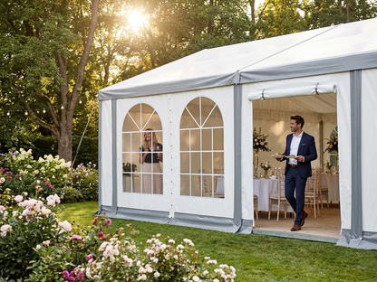 PVC endwall with large window and wide door in white/grey, ideal for event use - product detail