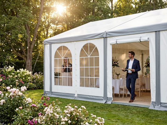 PVC endwall with large window and wide door in white/grey, ideal for event use - product detail
