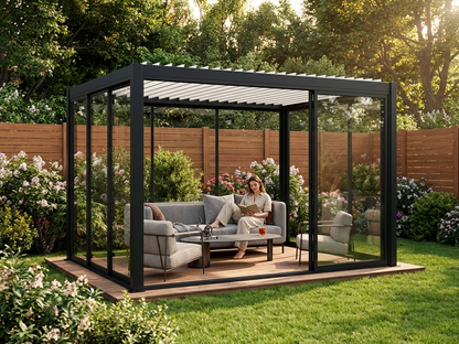 Bioclimatic pergola gazebo with sliding doors in black and white - product detail