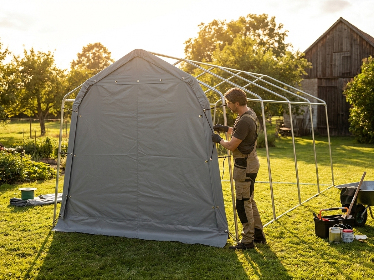 Grey polyethylene endwall/door for a storage tent