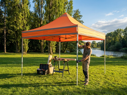 Orange pop-up gazebo with aluminium frame for outdoor use