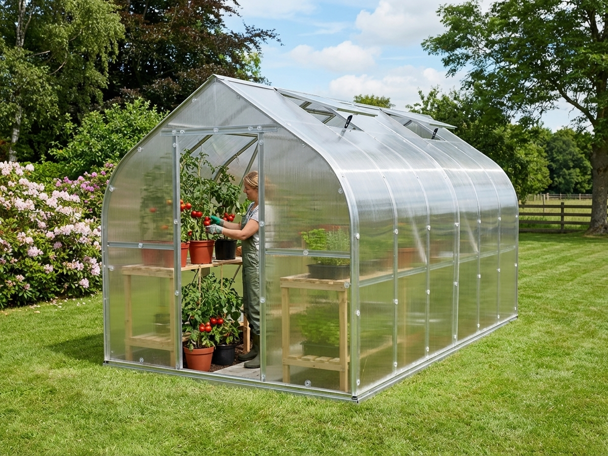 Polycarbonate greenhouse with galvanised steel frame in silver - product detail