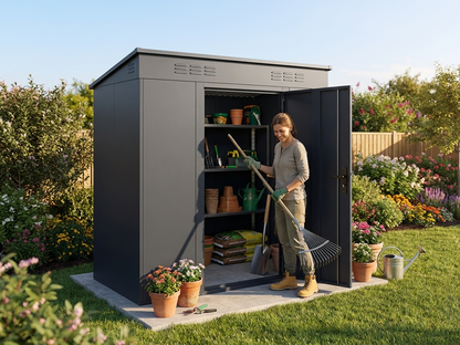 Anthracite metal garden shed with hinged door for outdoor storage