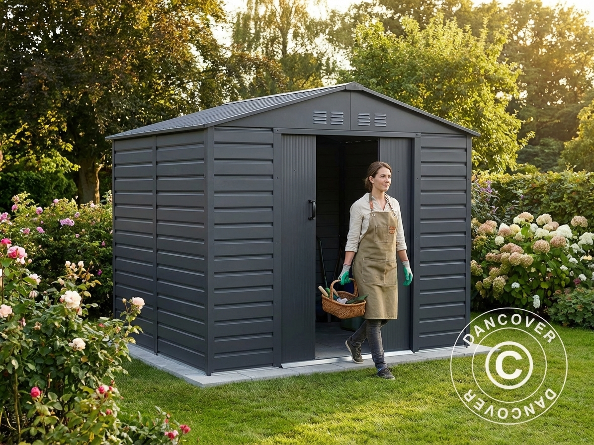Metal garden shed in anthracite colour for outdoor storage