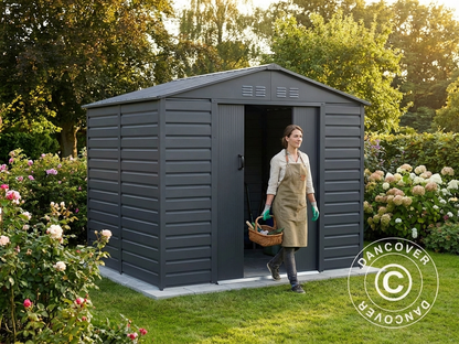 Metal garden shed in anthracite colour for outdoor storage