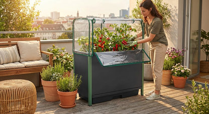 Self-watering planter box in anthracite for domestic and outdoor use