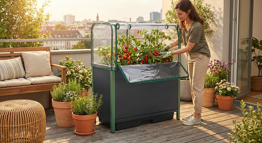 Self-watering planter box in anthracite for domestic and outdoor use