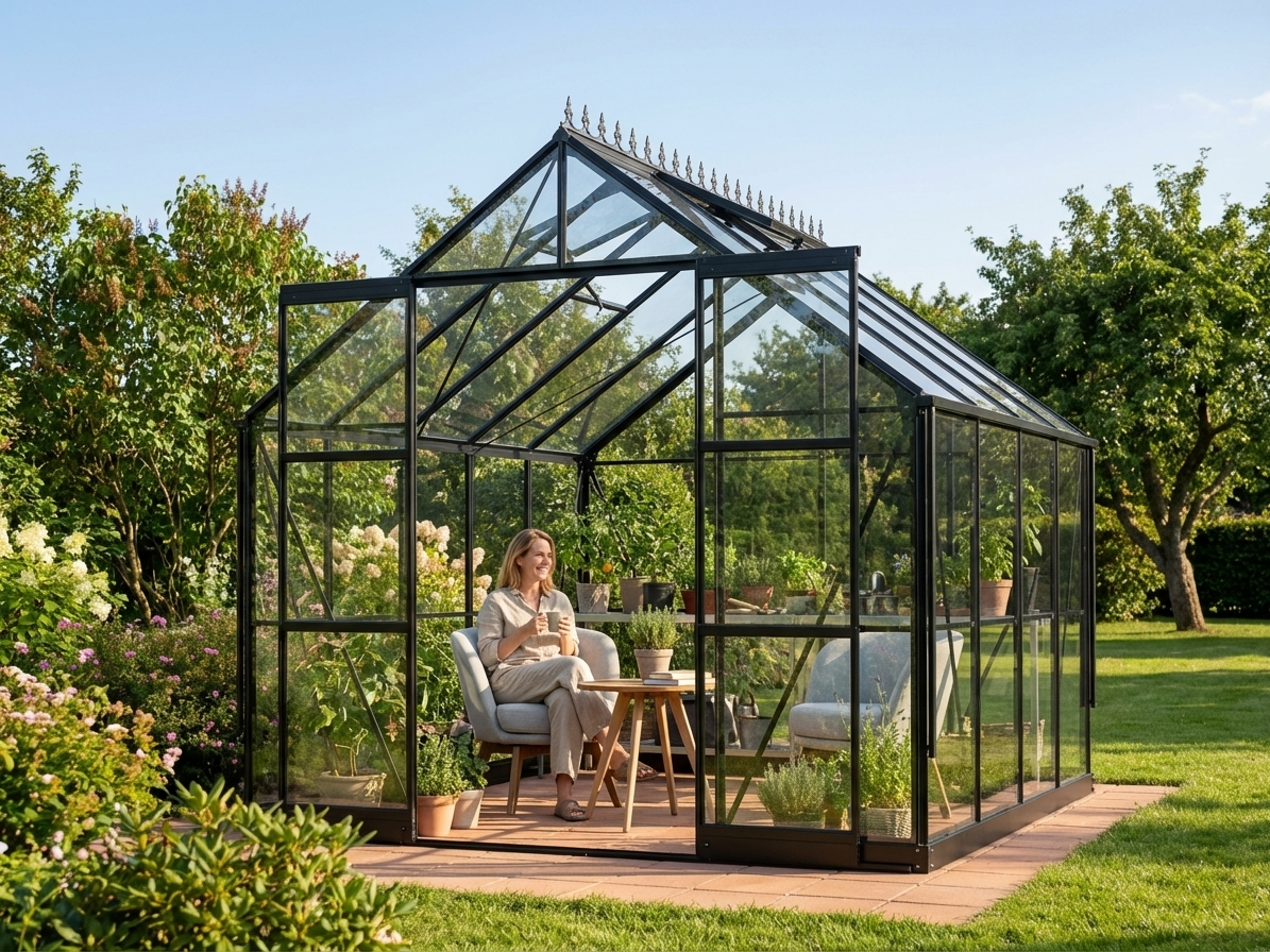 Black greenhouse with glass panels and aluminium frame