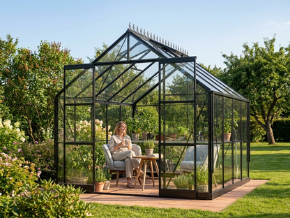 Black greenhouse with glass panels and aluminium frame