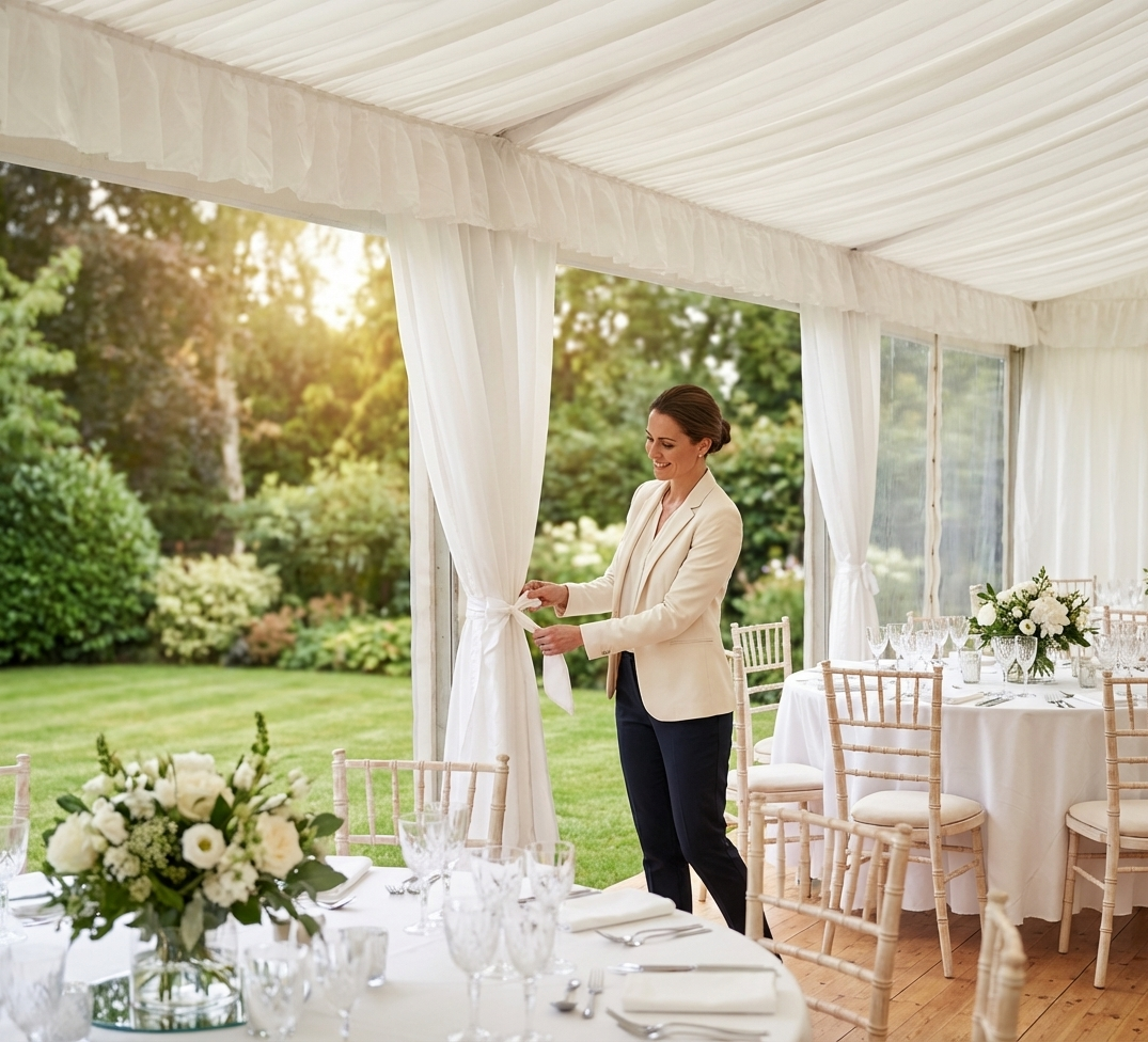 White marquee lining and leg curtain pack for a 5x12m space