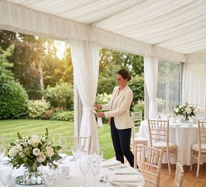 White marquee lining and leg curtain pack for a 5x12m space