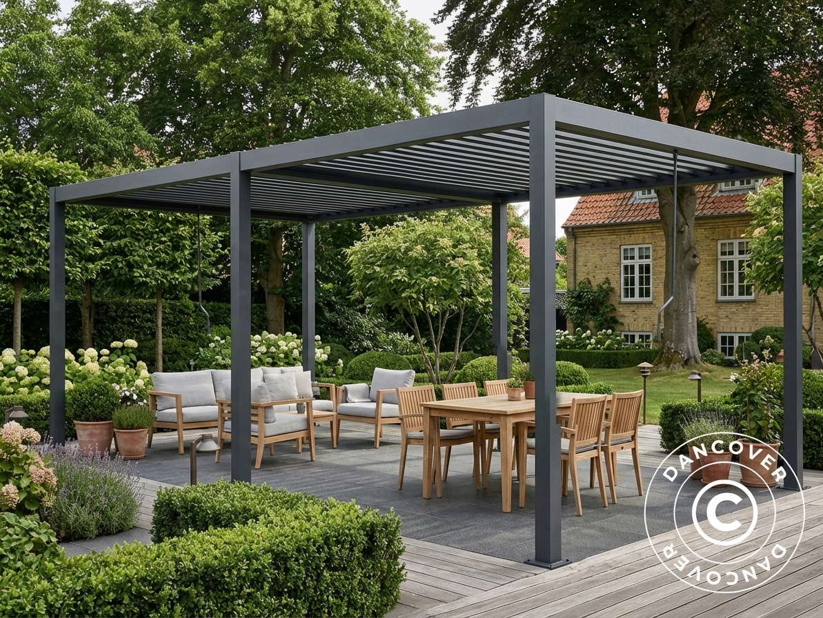 Bioclimatic pergola gazebo, black, galvanised steel, outdoor use - product detail