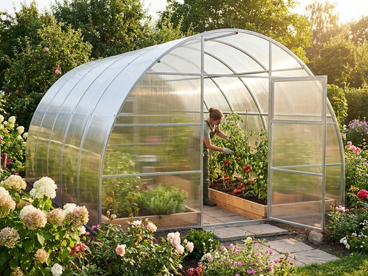 Greenhouse polycarbonate 6x8 m in silver with galvanised steel frame - product detail