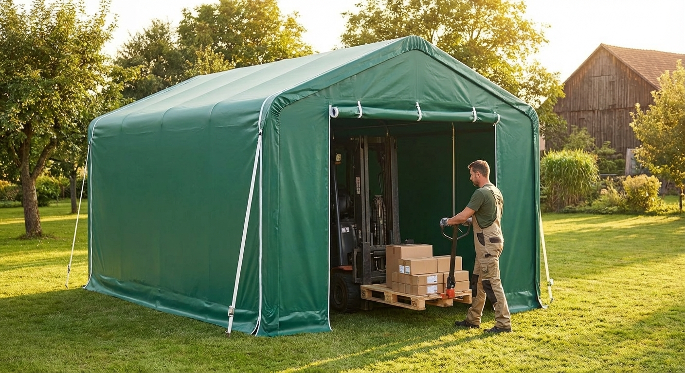 Green PVC storage shelter with galvanised steel frame - view 3