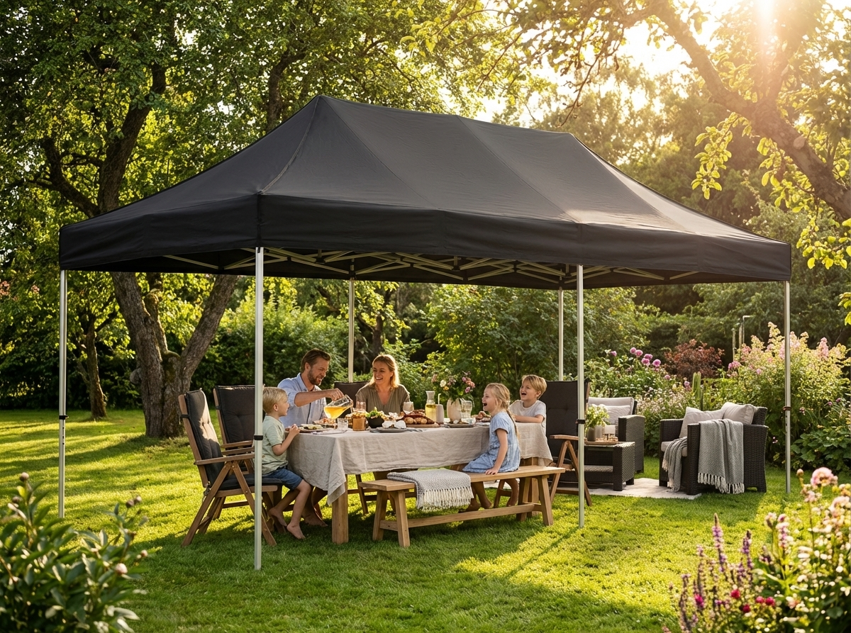 Black pop-up gazebo 3x6m with steel frame for outdoor use - product detail