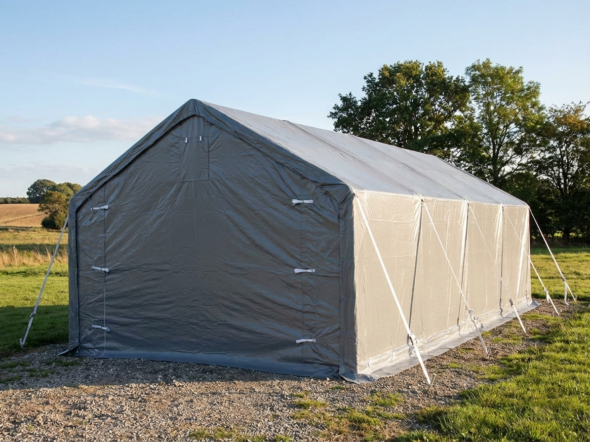 Grey storage shelter with PE tarpaulin and steel frame