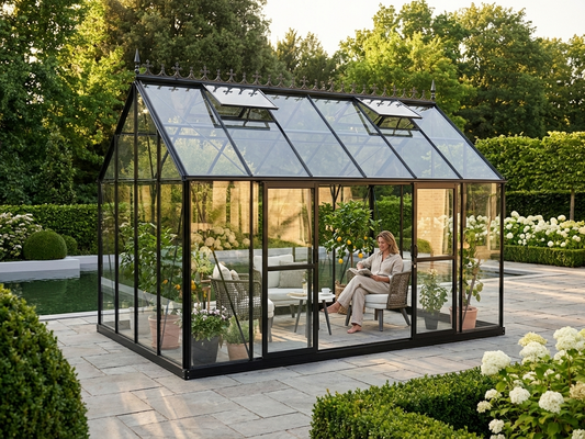 Glass orangery with black aluminium frame for garden use