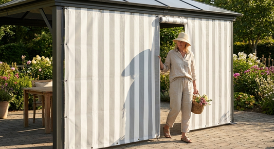 4m White/Grey PVC Endwall with narrow door, suitable for indoor and outdoor use
