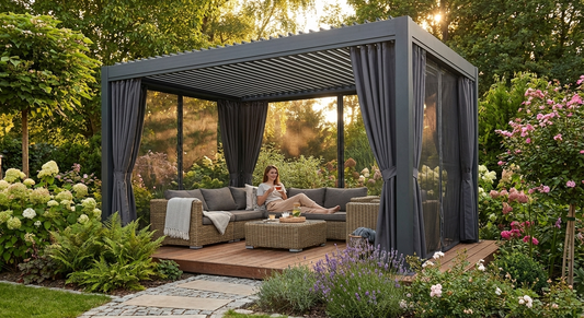 Grey pergola sidewalls with mosquito net for outdoor gazebos