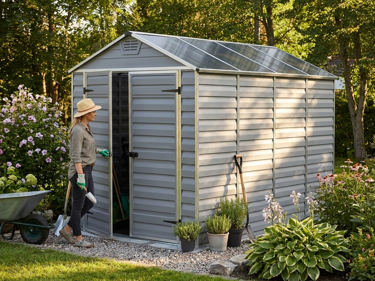 Polycarbonate garden shed in grey with aluminium frame for outdoor storage