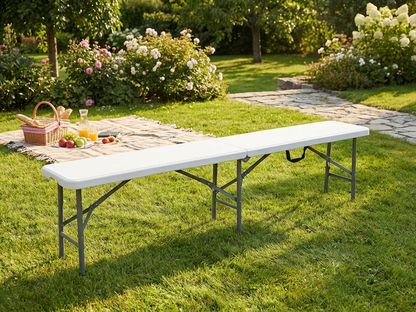 Folding bench in light grey, made of HDPE and steel