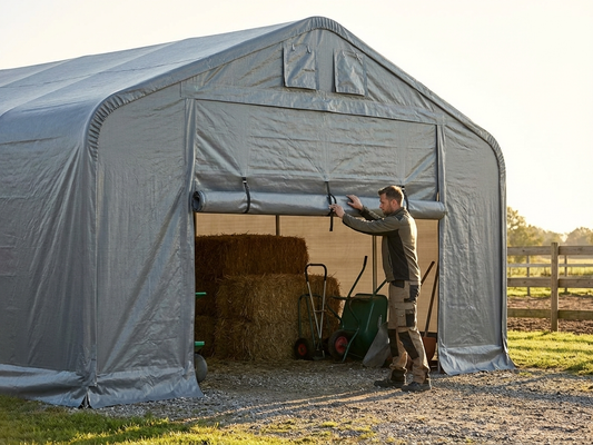 Grey storage shelter end wall 6x6 m made from PE tarpaulin