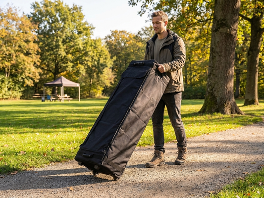 Black carry bag with wheels for outdoor events