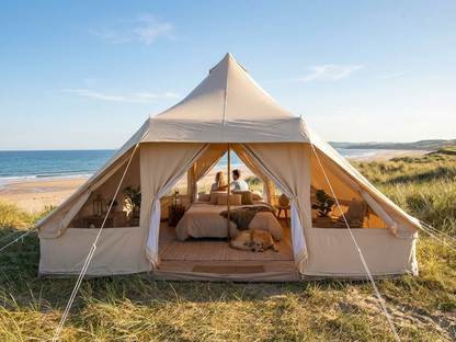 Glamping tent in sand colour, 4x5m, made from cotton canvas for outdoor camping - product detail