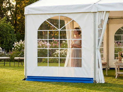 White and blue marquee sidewall with window design