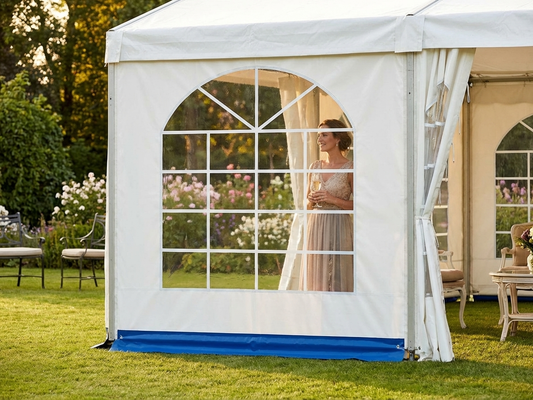 White and blue marquee sidewall with window design