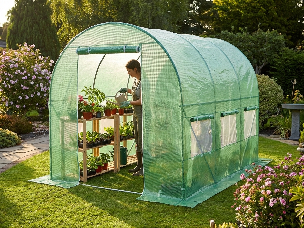 Polytunnel greenhouse 2x3x2m in green with polyethylene cover and steel frame - product detail