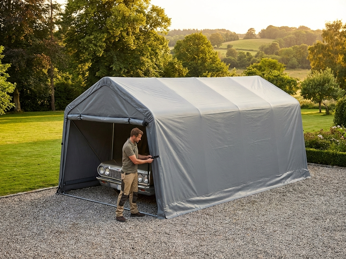 Grey 3.77x7.3m garage roof cover made of PE tarpaulin - view 3