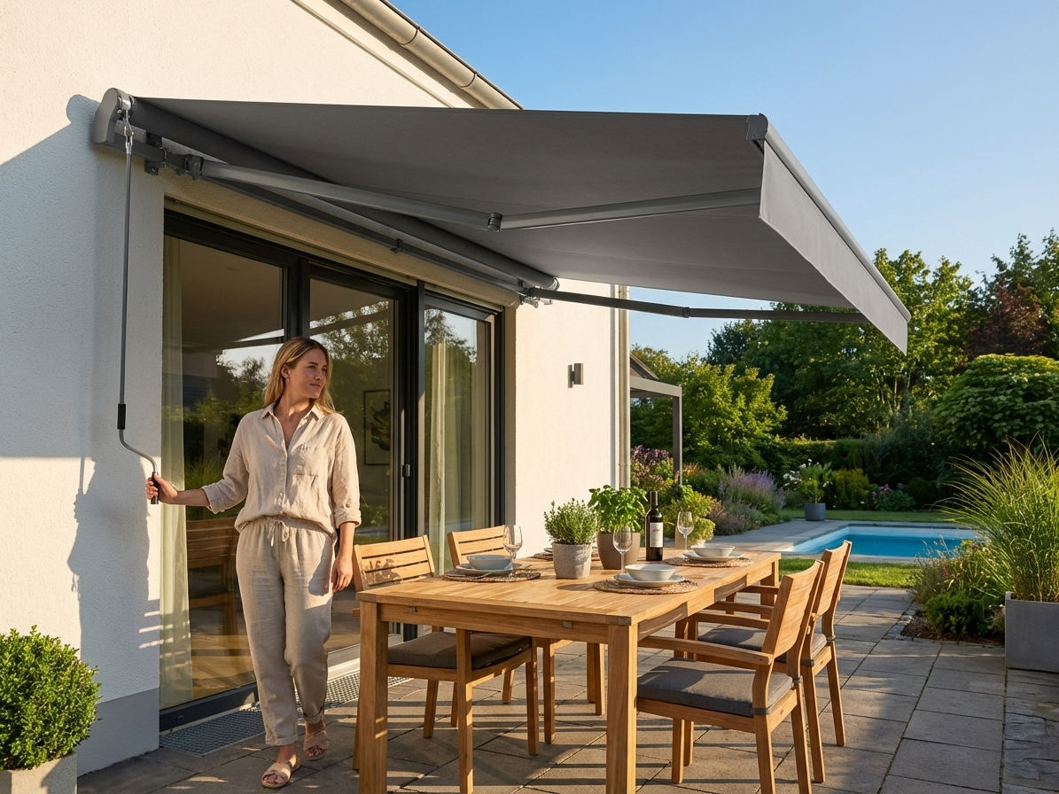 Grey awning with aluminium frame and crank handle - view 3