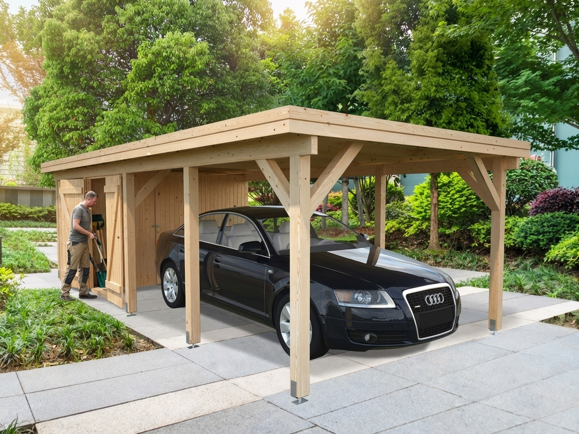 Natural wooden carport with shed made from Nordic Spruce - view 3