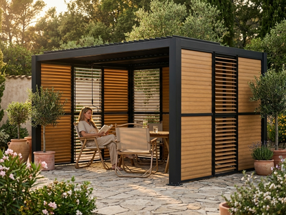 Louvre wall with wood finish and black aluminium frame for garden gazebo
