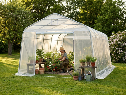 Spacious transparent polytunnel greenhouse with galvanised steel frame - view 3