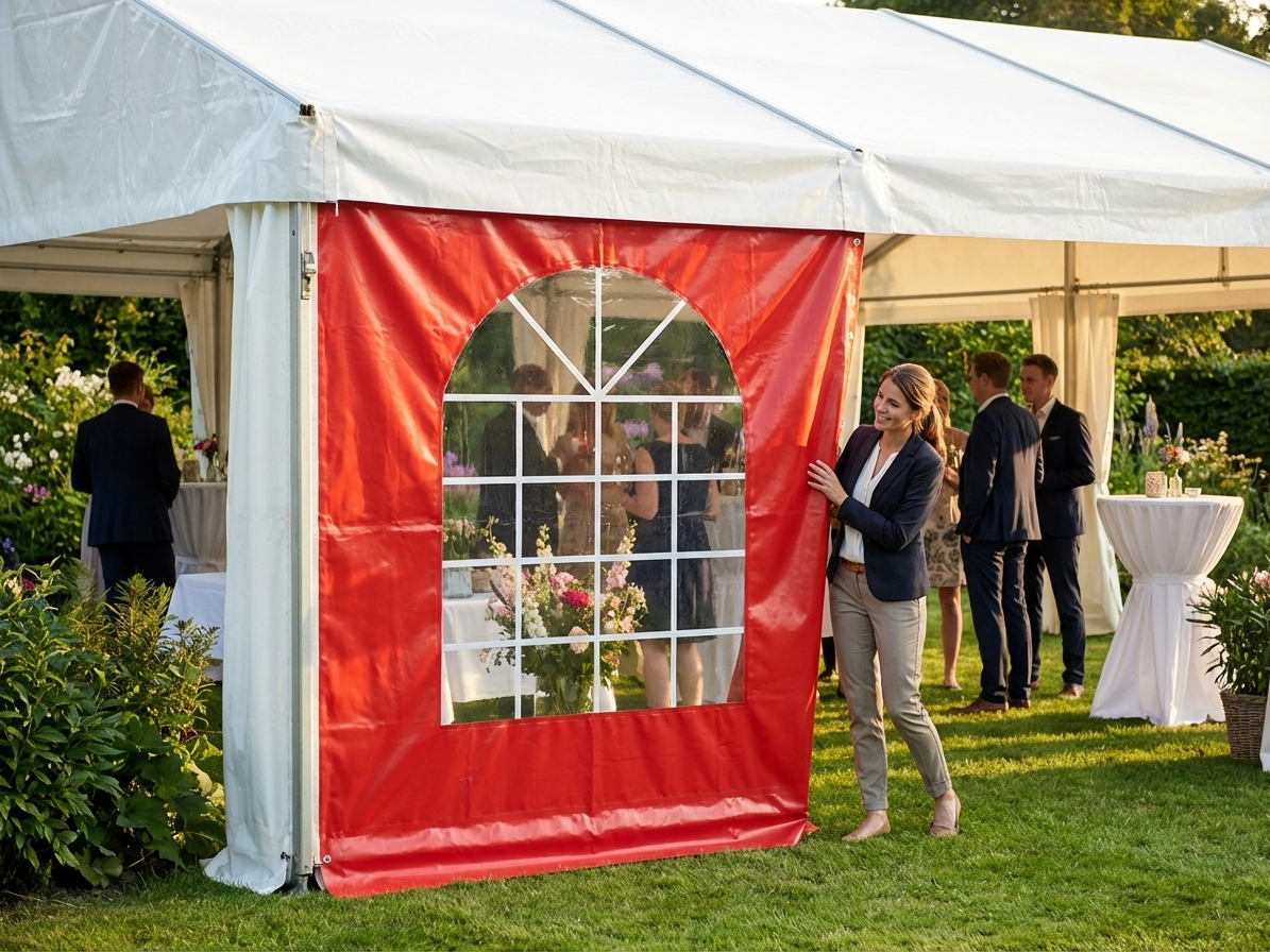 Red marquee sidewall with window, suitable for outdoor events - view 3