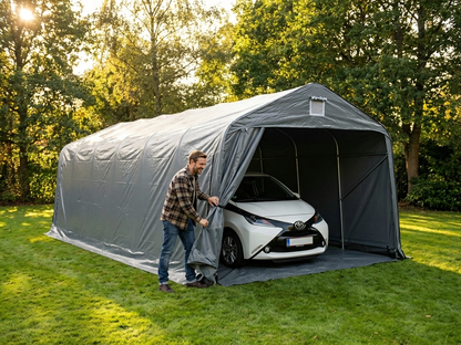 Grey portable garage made from PVC and steel, outdoor shelter