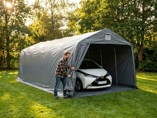 Grey portable garage made from PVC and steel, outdoor shelter