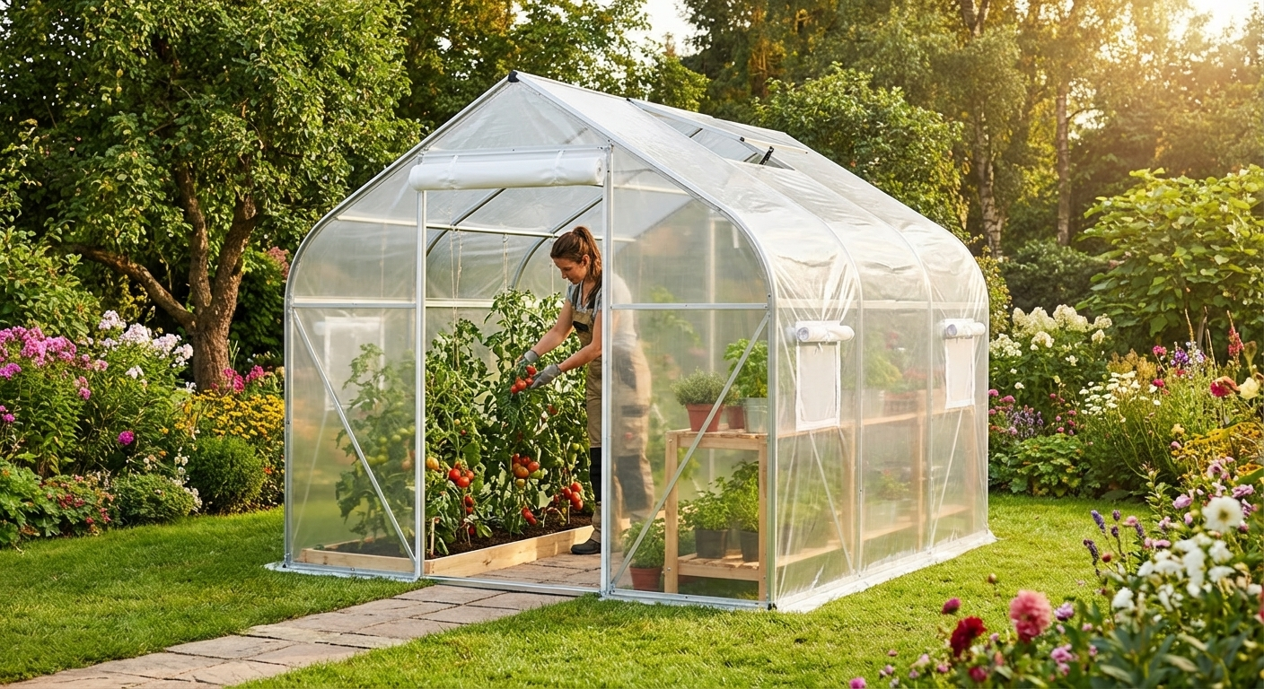 Transparent polytunnel greenhouse with galvanised steel frame