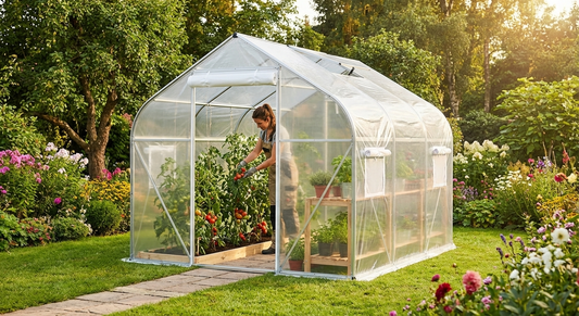 Transparent polytunnel greenhouse with galvanised steel frame