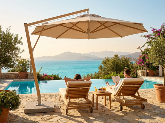 Cantilever parasol in sand colour with aluminium frame, Ø4m
