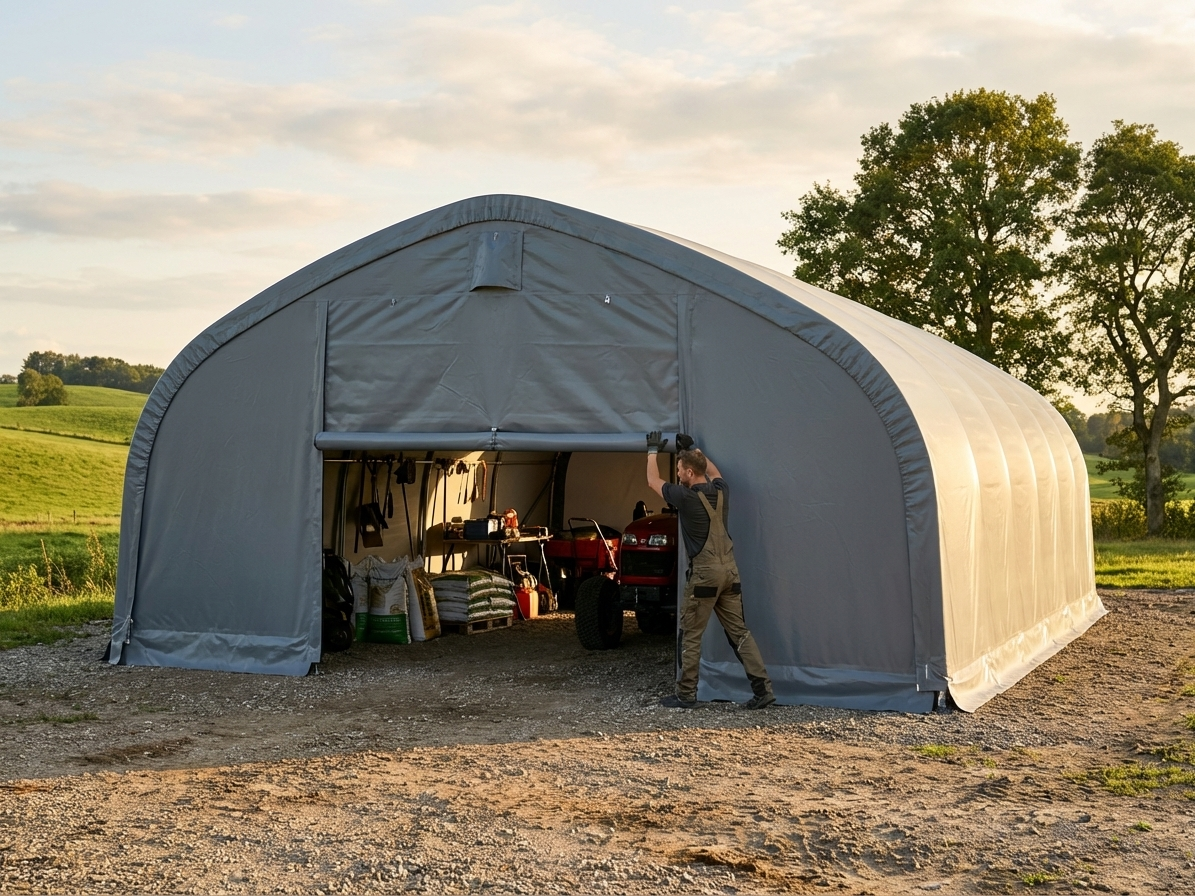 Grey PVC storage shelter end wall for industrial use
