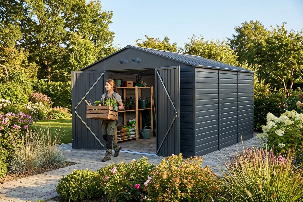 Anthracite steel garden shed for outdoor storage - product detail