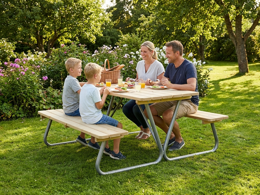 Picnic table made of pinewood and steel, perfect for outdoor dining - product detail