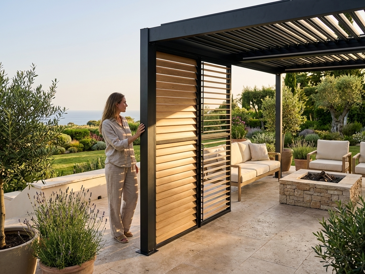 Louvre wall for pergola in wood finish and black aluminium - product detail